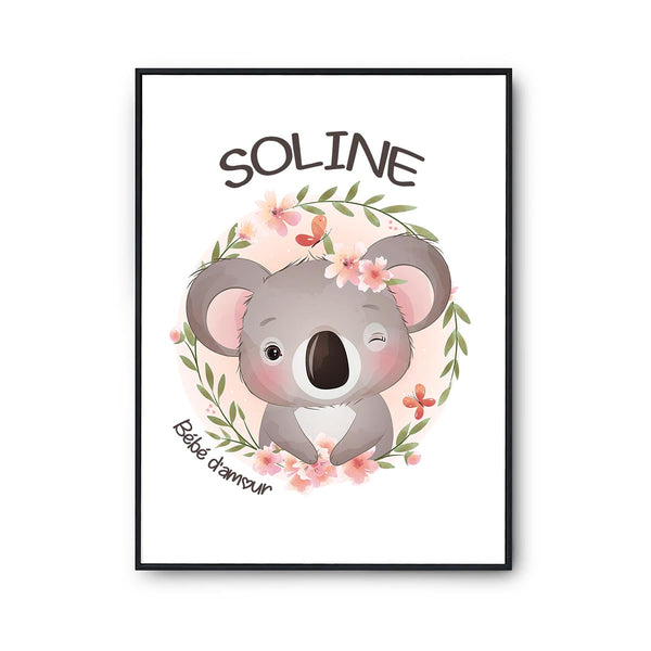 Affiche Bébé Enfant d'Amour Koala Prénom Personnalisable Fille - Planetee