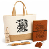Coffret Cadeau J’peux pas je suis Cariste – Sac jute, carnet, stylo, porte-clés et marque-page