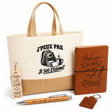 Coffret Cadeau J’peux pas je suis Étudiant – Sac jute, carnet, stylo, porte-clés et marque-page
