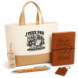 Coffret Cadeau J’peux pas je suis Magasinier – Sac jute, carnet, stylo, porte-clés et marque-page