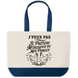 Grand Sac Cabas Fond Bleu J’peux pas je préfère m’occuper de mes Poules