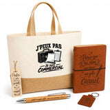 Coffret Cadeau J’peux pas je suis Commercial – Sac jute, carnet, stylo, porte-clés et marque-page