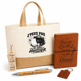 Coffret Cadeau J’peux pas je suis Huissier – Sac jute, carnet, stylo, porte-clés et marque-page