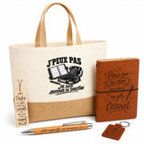 Coffret Cadeau J’peux pas je suis Assistante de direction – Sac jute, carnet, stylo, porte-clés et marque-page