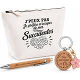 Coffret Cadeau J’peux pas je préfère m’occuper de mes Succulentes – Trousse, stylo bambou et porte-clés