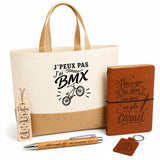 Coffret Cadeau J’peux pas j’ai BMX – Sac jute, carnet, stylo, porte-clés et marque-page