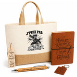 Coffret Cadeau J’peux pas je suis Barbier – Sac jute, carnet, stylo, porte-clés et marque-page