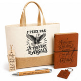 Coffret Cadeau J’peux pas je préfère les Aigles – Sac jute, carnet, stylo, porte-clés et marque-page