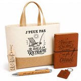 Coffret Cadeau J’peux pas je suis à la Retraite – Sac jute, carnet, stylo, porte-clés et marque-page