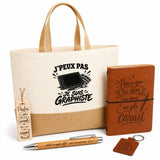 Coffret Cadeau J’peux pas je suis Graphiste – Sac jute, carnet, stylo, porte-clés et marque-page