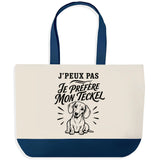 Grand Sac Cabas Fond Bleu J’peux pas je préfère mon Teckel