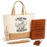 Coffret Cadeau J’peux pas je suis Menuisier – Sac jute, carnet, stylo, porte-clés et marque-page