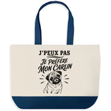 Grand Sac Cabas Fond Bleu J’peux pas je préfère mon Carlin