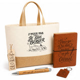 Coffret Cadeau J’peux pas je suis Berger – Sac jute, carnet, stylo, porte-clés et marque-page
