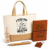 Coffret Cadeau J’peux pas je suis Maçon – Sac jute, carnet, stylo, porte-clés et marque-page