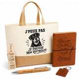 Coffret Cadeau J’peux pas je préfère mon Rottweiler – Sac jute, carnet, stylo, porte-clés et marque-page