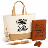 Coffret Cadeau J’peux pas je suis Assureur – Sac jute, carnet, stylo, porte-clés et marque-page