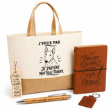 Coffret Cadeau J’peux pas je préfère mon Bull Terrier – Sac jute, carnet, stylo, porte-clés et marque-page
