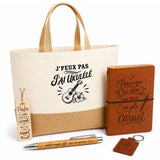 Coffret Cadeau J’peux pas j’ai Ukulélé – Sac jute, carnet, stylo, porte-clés et marque-page