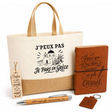 Coffret Cadeau J’peux pas je pars en Grèce – Sac jute, carnet, stylo, porte-clés et marque-page