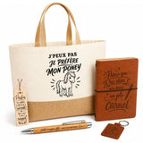 Coffret Cadeau J’peux pas je préfère mon Poney – Sac jute, carnet, stylo, porte-clés et marque-page