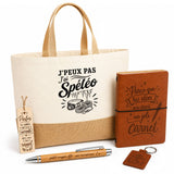Coffret Cadeau J’peux pas j’ai Spéléo – Sac jute, carnet, stylo, porte-clés et marque-page