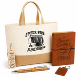 Coffret Cadeau J’peux pas je suis Vendeur – Sac jute, carnet, stylo, porte-clés et marque-page