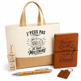 Coffret Cadeau J’peux pas je suis Militaire – Sac jute, carnet, stylo, porte-clés et marque-page