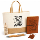 Coffret Cadeau J’peux pas je suis Coiffeur – Sac jute, carnet, stylo, porte-clés et marque-page