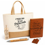 Coffret Cadeau J’peux pas je suis Prof des écoles – Sac jute, carnet, stylo, porte-clés et marque-page