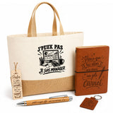 Coffret Cadeau J’peux pas je suis Manager – Sac jute, carnet, stylo, porte-clés et marque-page