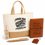 Coffret Cadeau J’peux pas je suis Chauffeur de bus – Sac jute, carnet, stylo, porte-clés et marque-page