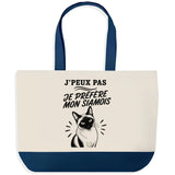 Grand Sac Cabas Fond Bleu J’peux pas je préfère mon Siamois