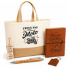 Coffret Cadeau J’peux pas j’ai Moto – Sac jute, carnet, stylo, porte-clés et marque-page