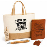 Coffret Cadeau J’peux pas je suis Masseur – Sac jute, carnet, stylo, porte-clés et marque-page