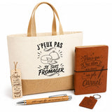 Coffret Cadeau J’peux pas je suis Fromager – Sac jute, carnet, stylo, porte-clés et marque-page