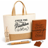 Coffret Cadeau J’peux pas j’ai Triathlon – Sac jute, carnet, stylo, porte-clés et marque-page