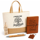 Coffret Cadeau J’peux pas j’ai Généalogie – Sac jute, carnet, stylo, porte-clés et marque-page