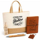 Coffret Cadeau J’peux pas j’ai Haltéro – Sac jute, carnet, stylo, porte-clés et marque-page