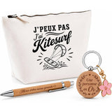 Coffret Cadeau J’peux pas j’ai Kitesurf – Trousse, stylo bambou et porte-clés