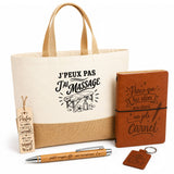 Coffret Cadeau J’peux pas j’ai Massage – Sac jute, carnet, stylo, porte-clés et marque-page