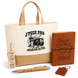 Coffret Cadeau J’peux pas je suis Aiguilleur du ciel – Sac jute, carnet, stylo, porte-clés et marque-page