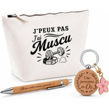 Coffret Cadeau J’peux pas j’ai Muscu – Trousse, stylo bambou et porte-clés
