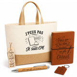 Coffret Cadeau J’peux pas je suis CPE – Sac jute, carnet, stylo, porte-clés et marque-page