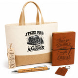 Coffret Cadeau J’peux pas je suis Banquier – Sac jute, carnet, stylo, porte-clés et marque-page