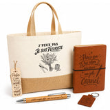 Coffret Cadeau J’peux pas je suis Fleuriste – Sac jute, carnet, stylo, porte-clés et marque-page