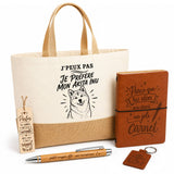 Coffret Cadeau J’peux pas je préfère mon Akita Inu – Sac jute, carnet, stylo, porte-clés et marque-page