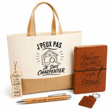 Coffret Cadeau J’peux pas je suis Charpentier – Sac jute, carnet, stylo, porte-clés et marque-page