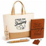 Coffret Cadeau J’peux pas j’ai Shopping – Sac jute, carnet, stylo, porte-clés et marque-page