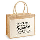 Sac Cabas Jute avec Poche J’peux pas j’ai Triathlon